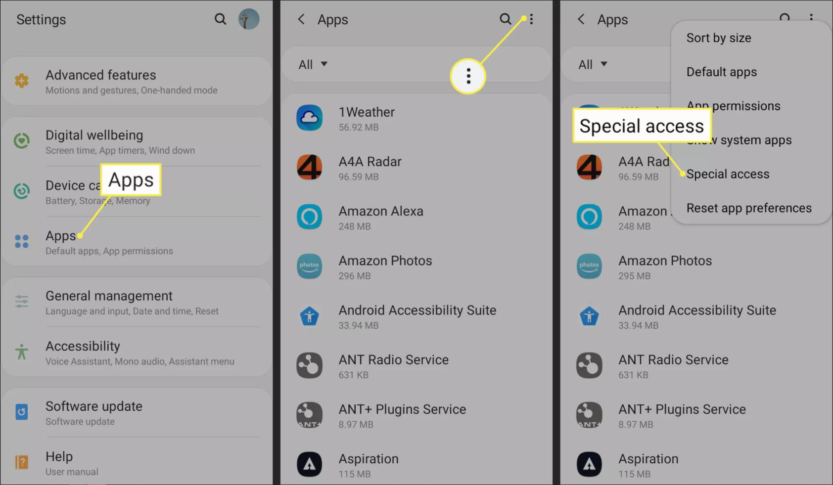 Apps, More menu, and Special Access in Android settings
